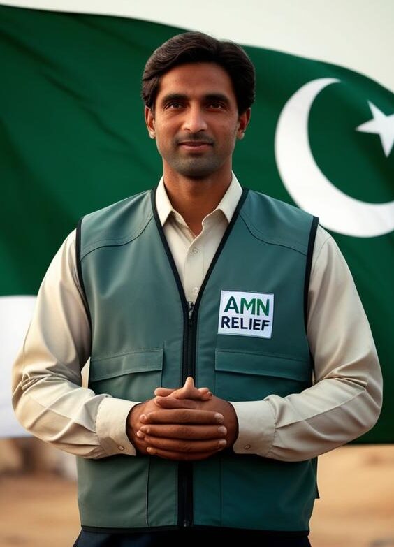 Create a full-body image of a Pakistani national serving as an AMN Relief volunteer, standing with quiet confidence against the backdrop of a softly blurred Pakistani flag. He wears a practical yet pro